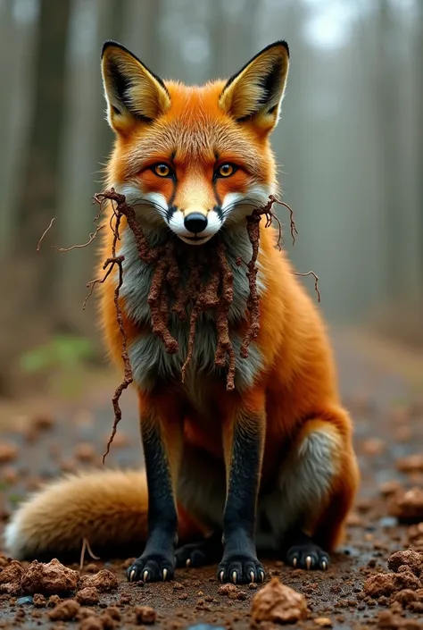 a fox covered from head to toe in brown poop