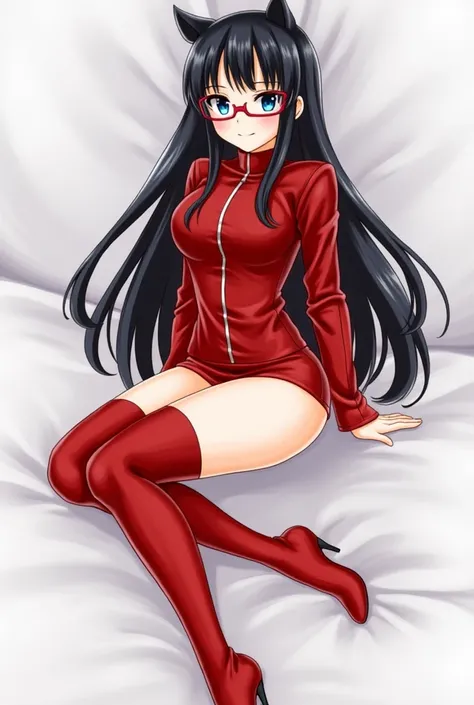  1 girl,  high definition , blue eyes,  black hair, high definition , Long Hair,  Big Breasts , red leather suit , miniskirt that snaps around the knee, tight skirt, red thigh-high boots,White Pants,  bite pants , legs, long hair,Glasses,Baby Face,Showing ...