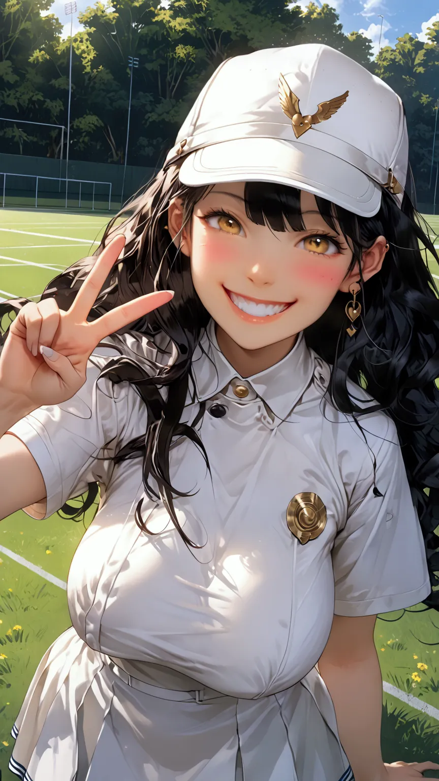 (s),((( black hair)))、((( had)))、(((white uniform)))、((((white cap)))、(((smile)))、(((grin,white 歯)))、(((eye rolling))),(((bow-le...