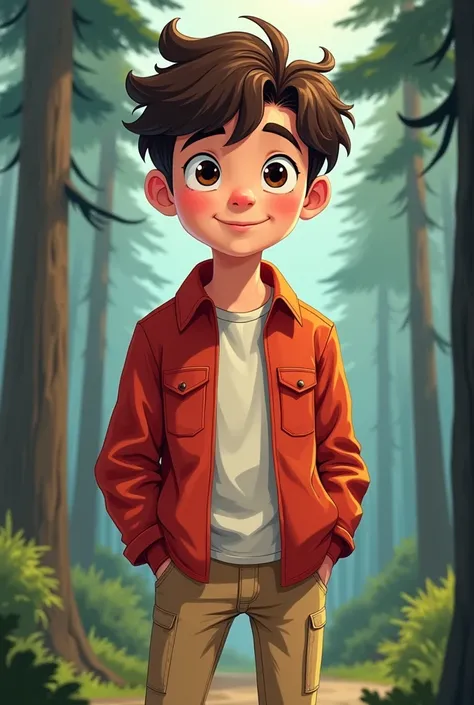  Claro draws in Gravity Falls style a boy with brown hair and a height of about 1 meter with 74 centimeters, a fair-skinned face and dark eyes wearing beige jeans, a white shirt under a red shirt  