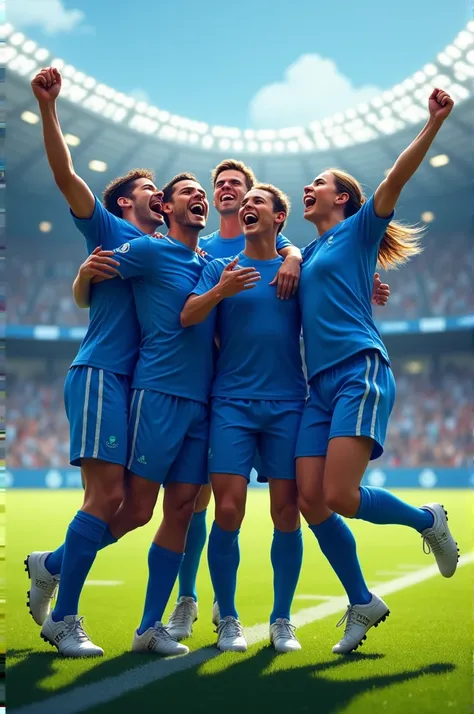 Picture with soccer players dressed in blue celebrating