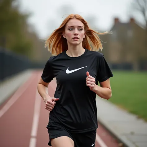  a young Ginger woman with straight hair split in the middle , green-eyed, illuminating makeup , slender body, Boobs and bulky leg ,  she wears a giant black Nike mens sports t-shirt, short preto, black sneakers from Nike sports ,  sports top shes looking ...