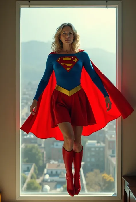 open window; Supergirl Julie Hagerty(((very beautiful old Supergirl (((1984s costume))); Julie Hagerty))) Super old woman Julie Hagerty; full body; stretched in the air, confident, powerful, indestructible, attractive; flutuando no ar.  HD. Photograph, ((r...