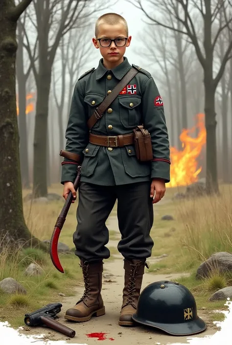  Young German soldier drawing , standing, bald,  wearing a eyeglass  . Black military pants.  Blue military shirt with red details .  Holds a machete with a bloodstained blade in your hand.  An iron cross medal on the shirt .  Trees on fire in the backgrou...