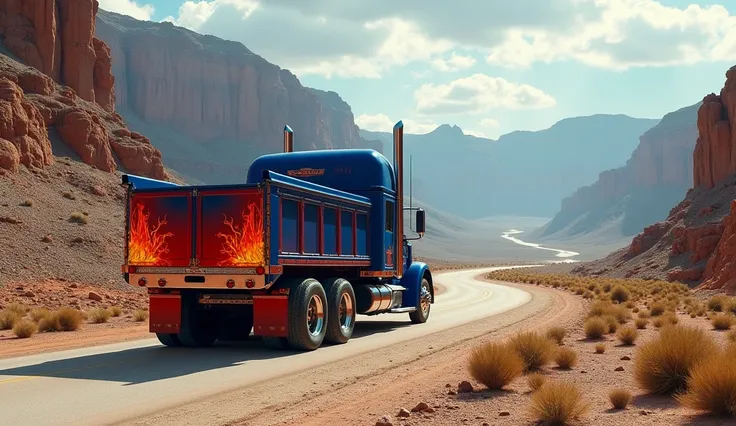 road in mountainous desert seen from the side Peterbilt 379 from 1992. blue with red details, with fire paint back rear