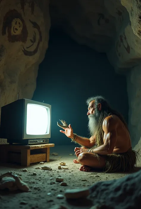 Caveman turning on the television
