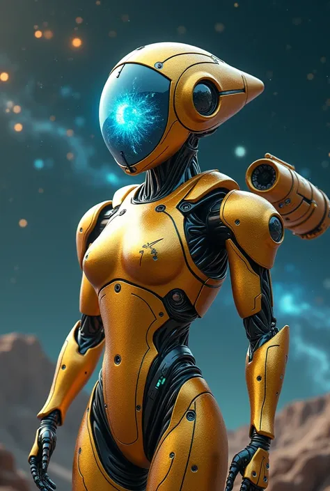 Golden space robot with a two-armed floating jetpack with and with a crystallized blue eye