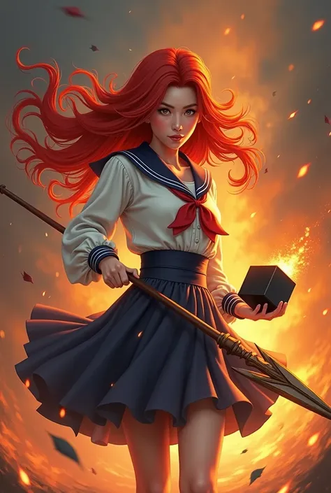 Women with fire haired, hold spear and black cube. Intense atsmophere with fire, her wearing school uniform. Manhwa style and beauty