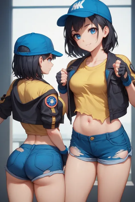 score_9, score_8_up, score_7_up, source_anime, best quality, clear face,fast skinny girl,black hair, blue eyes, medium hair, medium breasts, perfect body, standing, slight smile, open yellow shirt,blue mini shorts, indoor, pose,cool,simple design,cute, thi...