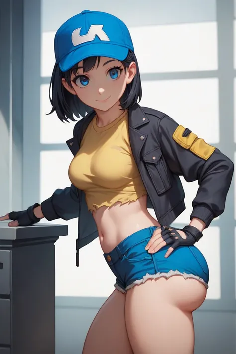 score_9, score_8_up, score_7_up, source_anime, best quality, clear face,fast skinny girl,black hair, blue eyes, medium hair, medium breasts, perfect body, standing, slight smile, open yellow shirt,blue mini shorts, indoor, pose,cool,simple design,cute, thi...