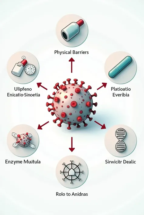 It illustrates 5 different mechanisms of action of antiviral drugs with names in Spanish