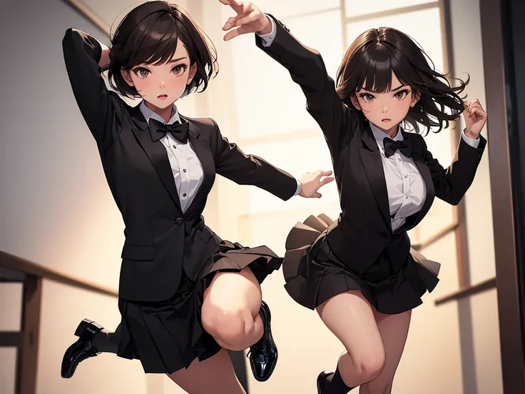 ((best quality)), ((masterpiece)), (detailed), 1girl, asian young woman, short bangs, brown hair, brown asian eyes, feminine, bowtie, black tuxedo jacket, black dress skirt, short white socks, fancy black shoe, in a southpaw fighting stance, kicking