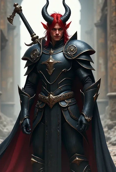 A 22-year-old tielfing , a light smile,  a black iron suit with a giant sword on the back, Red skin with hair about the height of an Oreia 
