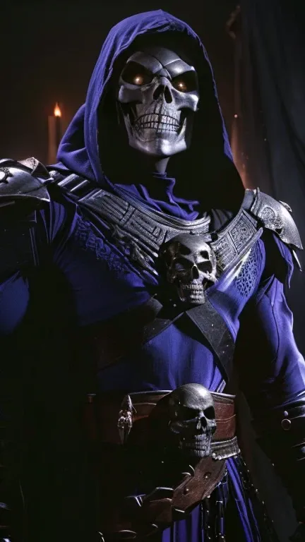 a close up of a person with a hood on and a skull on his face, he-man with a dark manner, skeletor, portrait of skeletor, portrait painting of skeletor, dark sword in aress hand, he - man, he-man, rick baker style, rick baker, darkseid, thanatos, he man