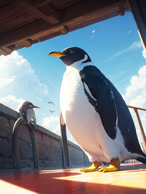 flying penguin in the sky , sunny sky , Correctly designed penguin
, ( soft focus , Shallow focus , soft light , Cross Process , Tyndall )  , Unrealistic angle of view , daydream