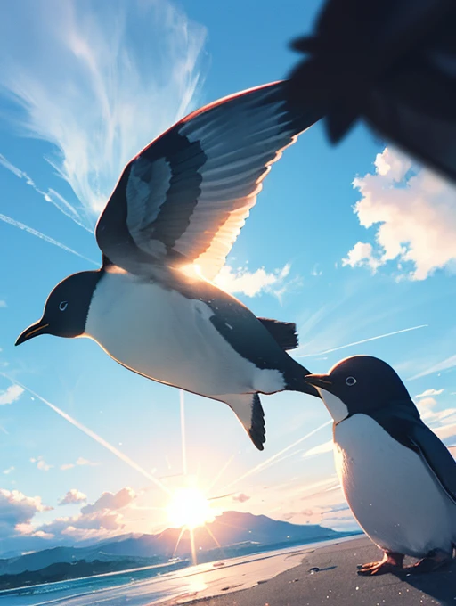 flying penguin in the sky , sunny sky , Correctly designed penguin
, ( soft focus , Shallow focus , soft light , Cross Process , Tyndall )  , Unrealistic angle of view , daydream