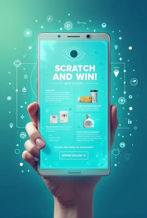  Image of a digital Scratch and Win campaign focused on eye well-being ,  showing an interactive design with a virtual scrape on screen ,  revealing ophthalmic products or benefits related to visual health . Include bright and modern colors , like blues an...