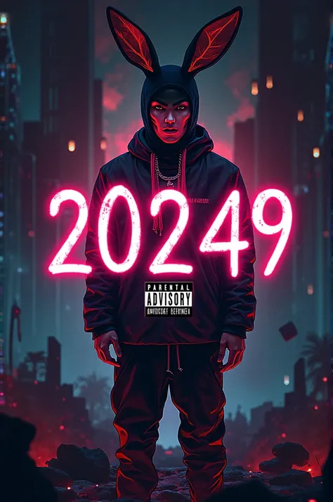  Cover of a Bad Bunny style song whose cover contains the name of the song that is 20249 and the parental advisory logo , and a background related to the theme of the song  