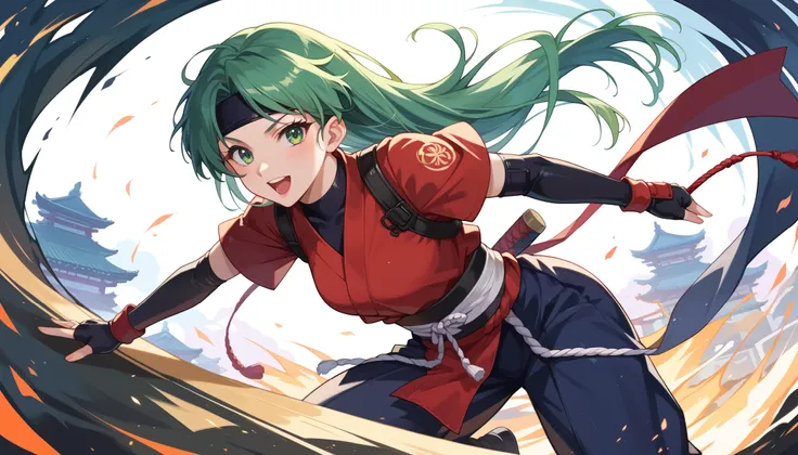 2D anime style from the 90s ,  a female ninja wearing purple shinobi clothing and long loose green hair with green eyes is in a combat position in a feudal Japan setting,  high definition ,  High resolution, intricate details, hands with correct anatomy,  ...