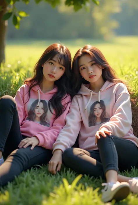  4 Beautiful Asian European woman 25 years old long haired straight brownish blowing in the wind wearing a pink white Hoodie with a picture of a beautiful woman, wearing long black jeans tight shoes Nike ,Watch,sleeping on green grass .