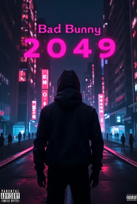 Cover of a Bad Bunny song with the cover containing the name of the song that is 2049 and the parental advisory logo , and a background related to the theme of the song  