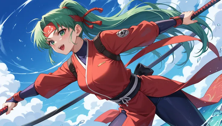 2D anime style from the 90s ,  a female ninja wearing purple shinobi clothing and long loose green hair with green eyes is in a combat position in a feudal Japan setting,  high definition ,  High resolution, intricate details, hands with correct anatomy,  ...