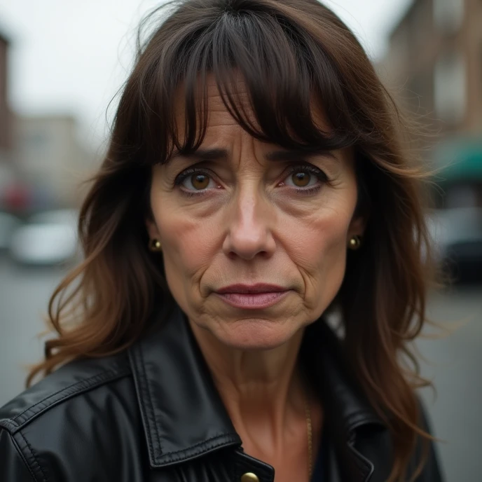 Argentinian middle-aged married woman with round face, 45 years old, hazel eyes, brown hair with bangs, wearing casual clothes, sad expression. In the city. Facing wright looking to the camera. Portrait