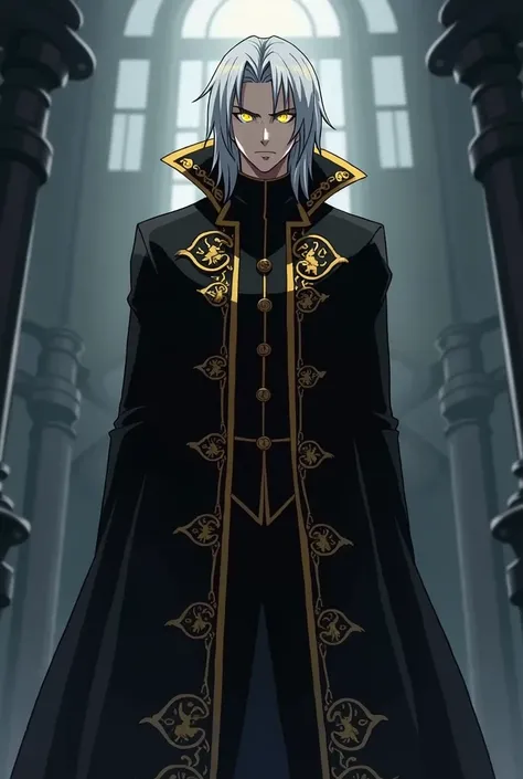 a tall and imposing man,  with silver hair and golden eyes that seem to glow in the dark .  He wears a long black coat with gold details and sacred symbols. Always calm and authoritative ,  his presence inspires both respect and fear , With traits from the...