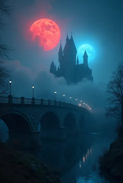 An ancient bridge enveloped in deep fog, with a red moon and a blue moon illuminating the scene, creating a mystical, otherworldly atmosphere. In the background, a majestic old castle can be seen, shrouded in mystery. The overall mood is enchanting and sur...