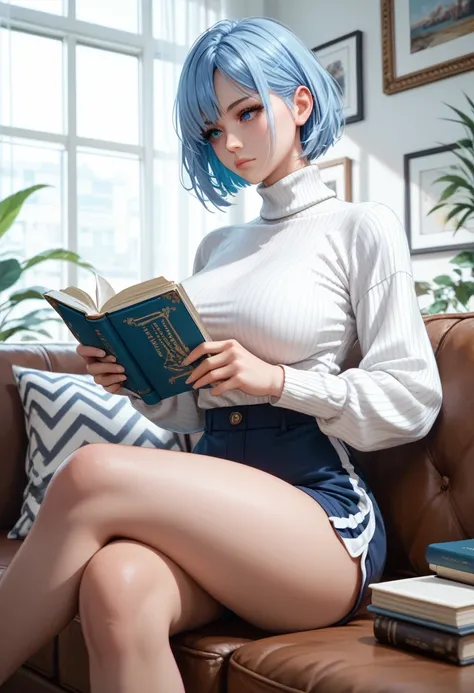 1girl, anime, expressionless, sitting on a sofa, voluptuous, large breasts, white turtleneck, long sleeves, shorts, reading a book, short hair, light-blue hair, blue eyes, living room, masterpiece quality, ultra HD, 4K, best quality