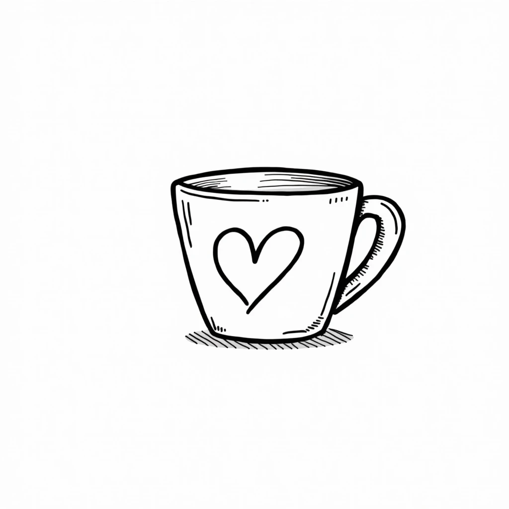 coloring book page of a mug with heart design on it, black and white, cute, relaxing, for asmr, minimalist without color background, bold, thick and clean lines