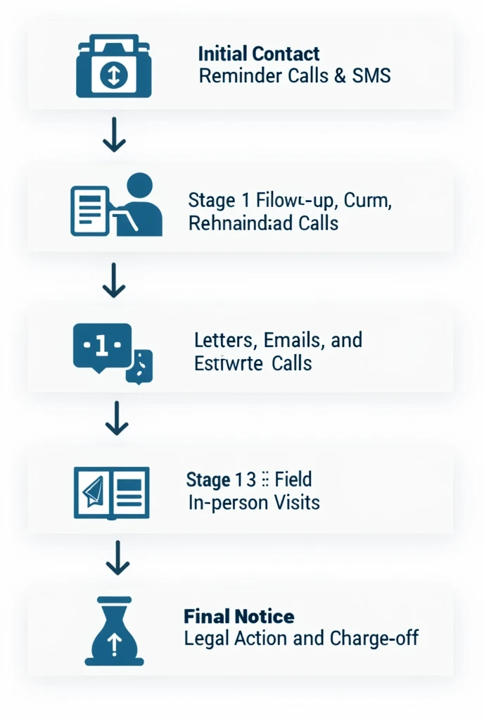 Create a flowchart image illustrating the stages of the collection process with arrows moving from Stage 1 to Stage 4.
Stage 1: Initial Contact (Reminder Calls & SMS)
Stage 2: Follow-up Communication (Letters, Emails, and Escalated Calls)
Stage 3: Field Co...