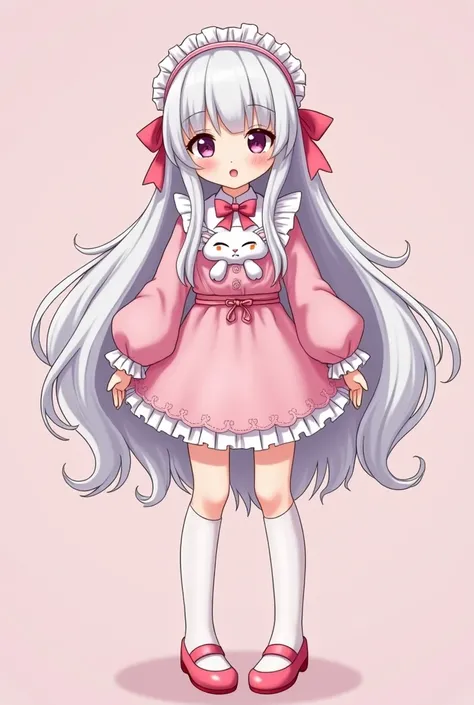 
Create an anime woman White long white hair with pink maids cap rocotón carneisa pink with long sleeves that reaches El Hambrigo mini skirt with ruffles with warm arches White feet pink and white with a Kawai rabbits face a pretty adorable plush backpack ...