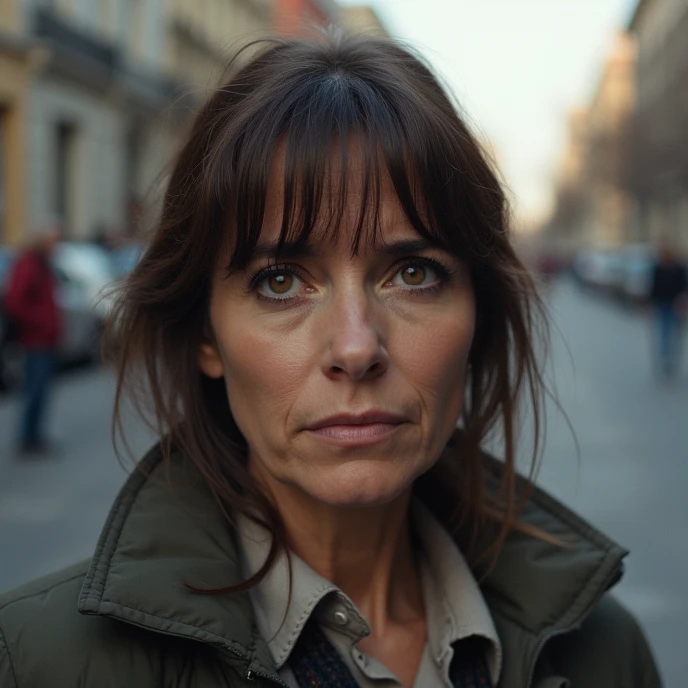 Argentinian middle-aged married woman with round face, 40 years old, hazel eyes, brown hair with bangs, wearing casual clothes, sad expression. In the city. Facing wright looking to the camera. Portrait