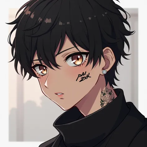 Anime character, young male, dark skin, short messy black hair, expressive glowing eyes, visible cheek tattoo under the right eye, visible tattoo under the left eye near the cheek with the word PAI ZXK in a stylish font, stylish letters, neck tattoo with i...