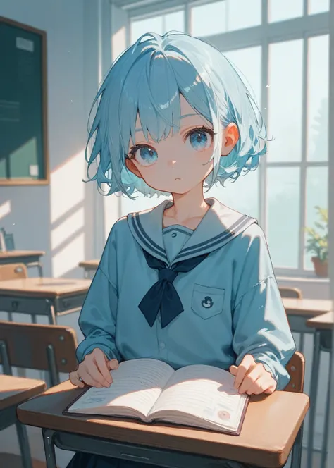 light blue hair,medium long,light blue eye,junior high school student