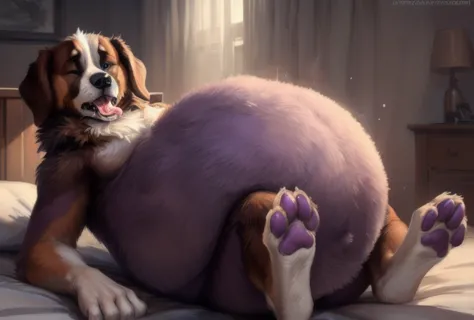 (st. bernard:1.3), dog (brown body:1.3), (brown and purple fur:1.3), blue eyes, detailed fur, male, anthro, shy, 5 fingers, paws...