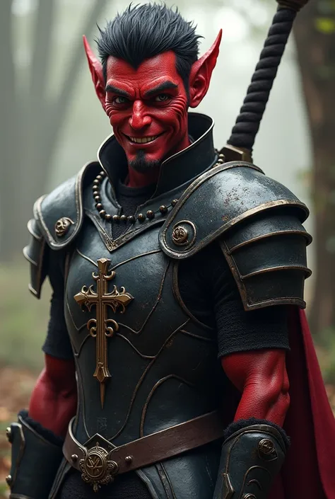 Mens tielfing with a smile , with red skin,  with black iron armor ,  short hair and a giant sword on her back 