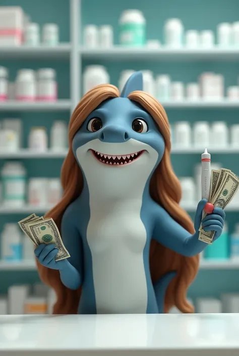  a female shark in the shape of Pixar, with long light brown hair , at the counter of a pharmacy , smiling,  holding money bills in one hand and a medicine pen in the other.