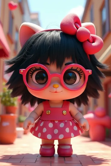 Create Hello Kitty with very frizzy glasses with black hair on an animated doll