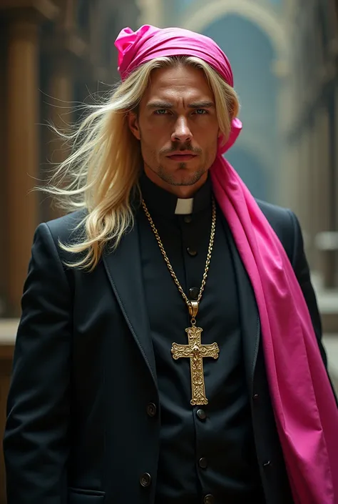 Hot blond man in priests clothing and pink ribbon in his hair 