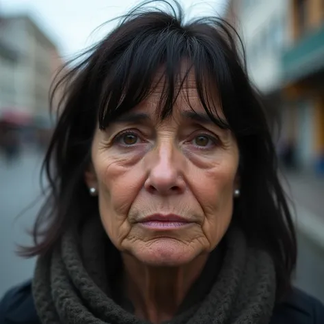 Argentinian middle-aged married woman with round face, 45 years old, hazel eyes, dark hair with bangs, wearing casual clothes, sad expression. In the city. Facing wright looking to the camera. Portrait