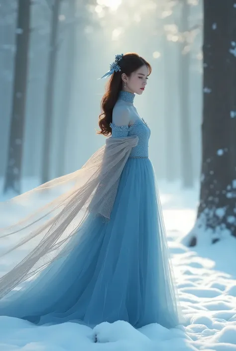 Winter in the misty forest，In the snow stood a lady in a royal blue tulle dress，Brunette lady，Light gauze dress, turtleneck dress，inspired by Igor Kieryluk, Draped in a long shawl，Covered with light apricot and gold, Light fog background，Soft light and sha...