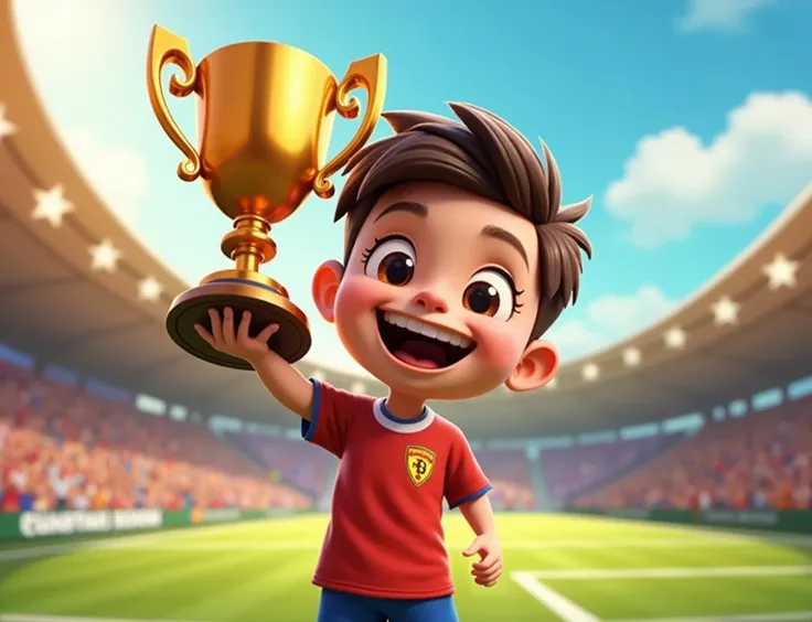 Animated boy carrying a soccer trophy