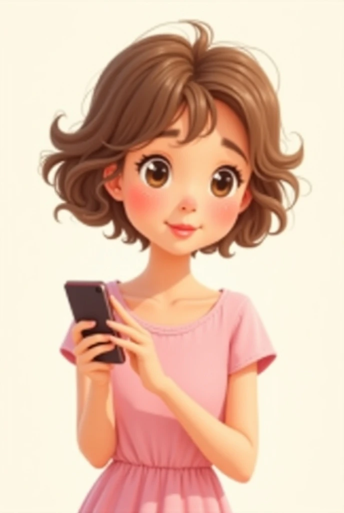 Drawing a  with short curly hair in light brown,  holding a smartphone in her hand , with pink dress, in the Disney Pixar style.