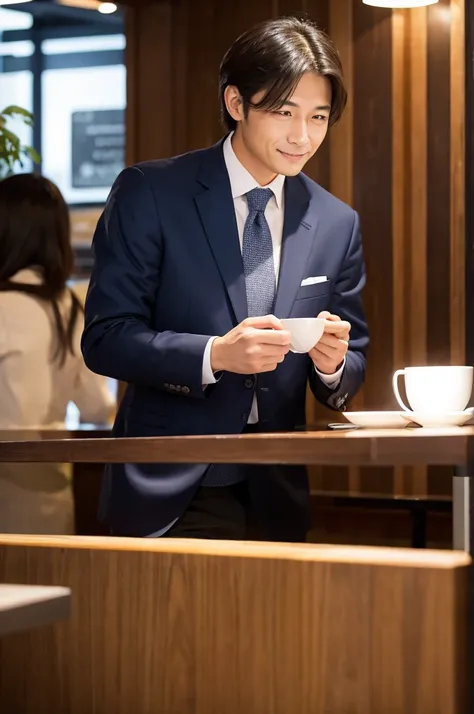 male、 businessman in a cafe、greeting