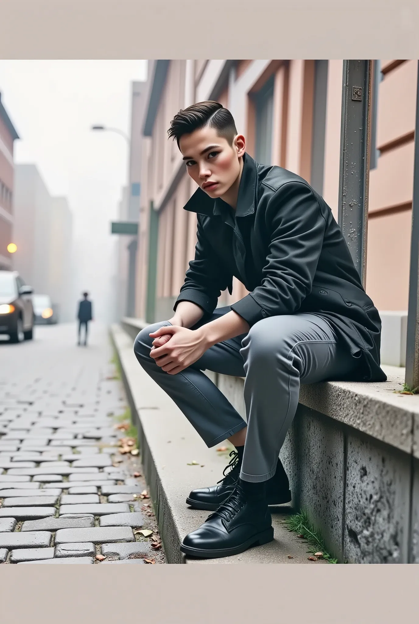 Anatomically correct , plano general, black hood, Modern and elegant dress,  full body,((A handsome man, Modern Hairstyle ,  male model modern clothing is leaning against fences on a sidewalk, On the side of the cobblestone street ,  next to it there is a ...