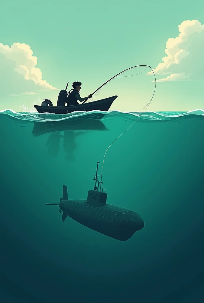 A person in a boat fishing a submerged submarine 
perky

