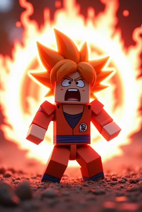 Dragonball-style Minecraft character ,  with orange hair in a kungfu horse position with an open mouth screaming releasing power , a white aura on the body and surrounding this white aura a red one more aggressive than caioken