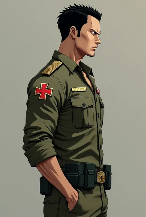  Create an image of Law from one piece as a sergeant in the United States Army, also being a military doctor , The image has to be in profile only